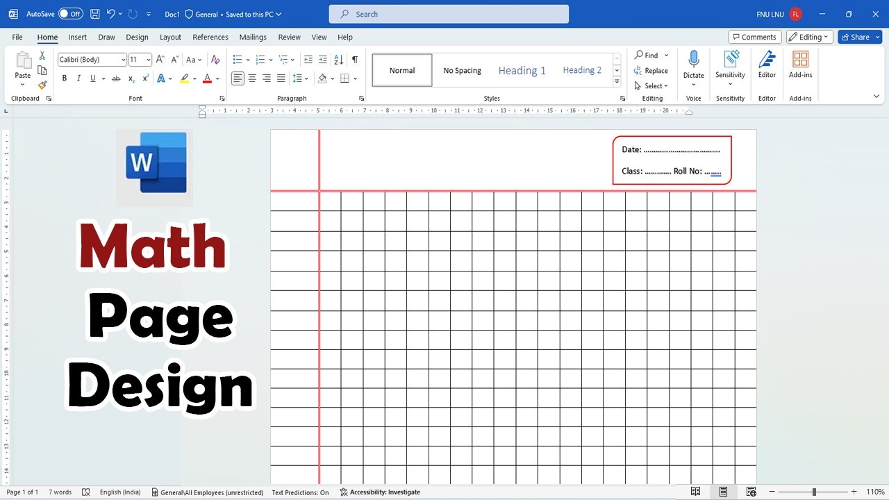 How to Create Math Note Book Page in Ms-Word