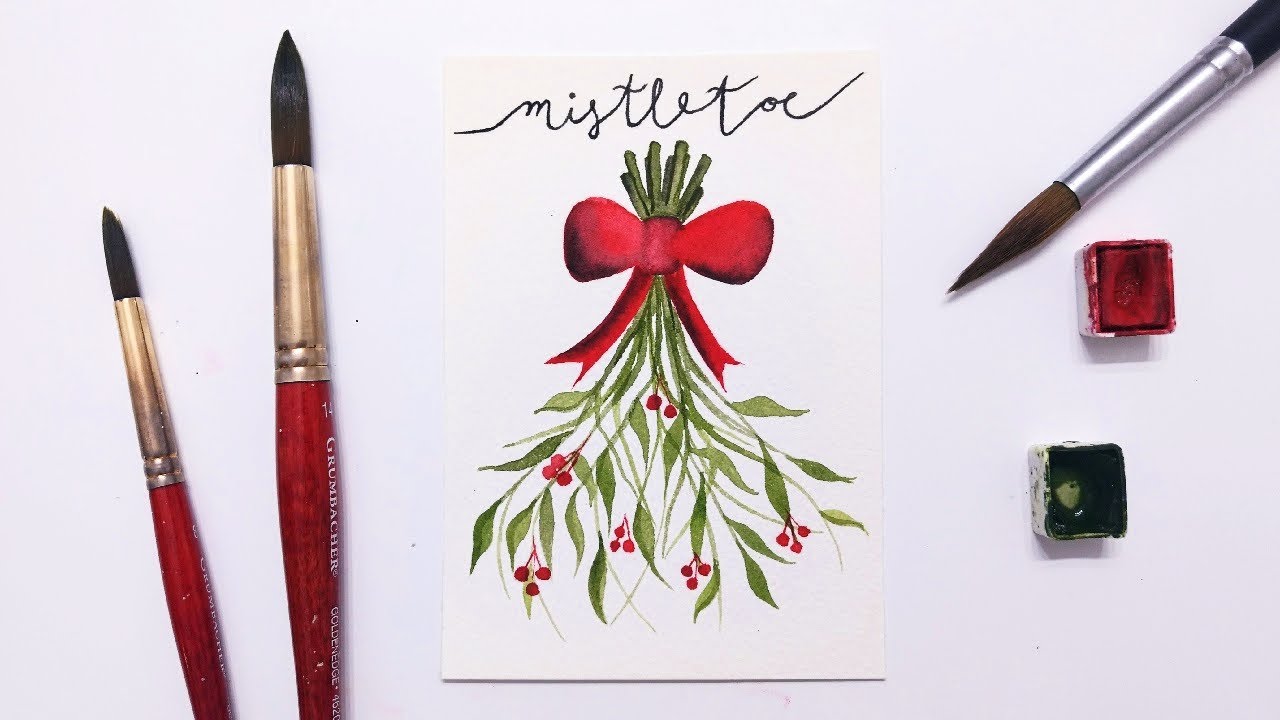 Easy watercolor Christmas card tutorial BEGINNER » How to paint mistletoe for a holiday card ideas