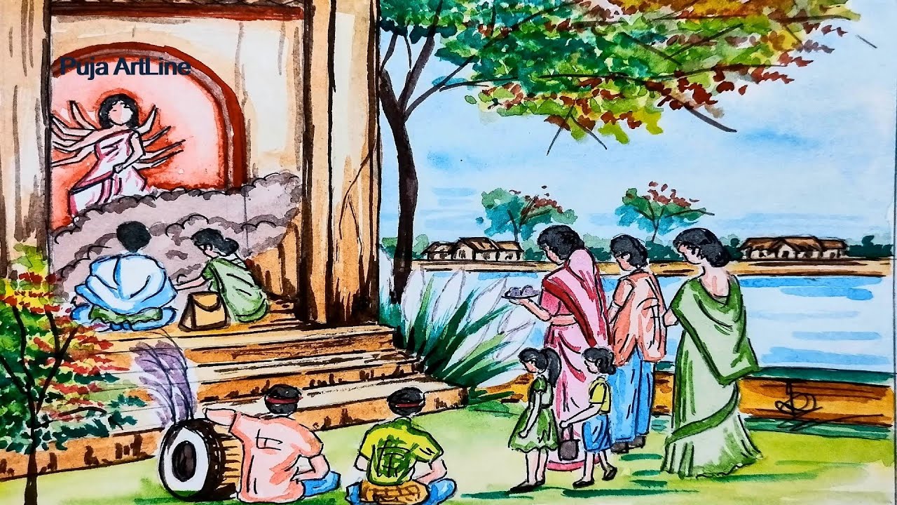 Maha Sasti Scenery Drawing | Durga Puja Begins | Bengali Festival Vibes | Beautiful Village scenery 