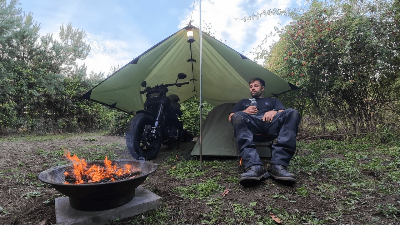 Solo Motorcycle Camp On My Harley Fat Bob | Tarp Shelter & Campfire Quesadillas