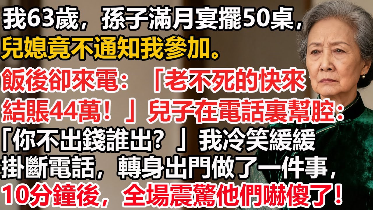 【我63歲】孫子滿月宴擺50桌，兒媳竟不通知我參加。飯後卻來電吼叫：「老不死的快來結賬44萬！」兒子在電話裏幫腔：「你不出錢誰出？」我冷笑緩緩掛斷電話，轉身出門做了一件事，10分鐘後全場震驚他們嚇傻了