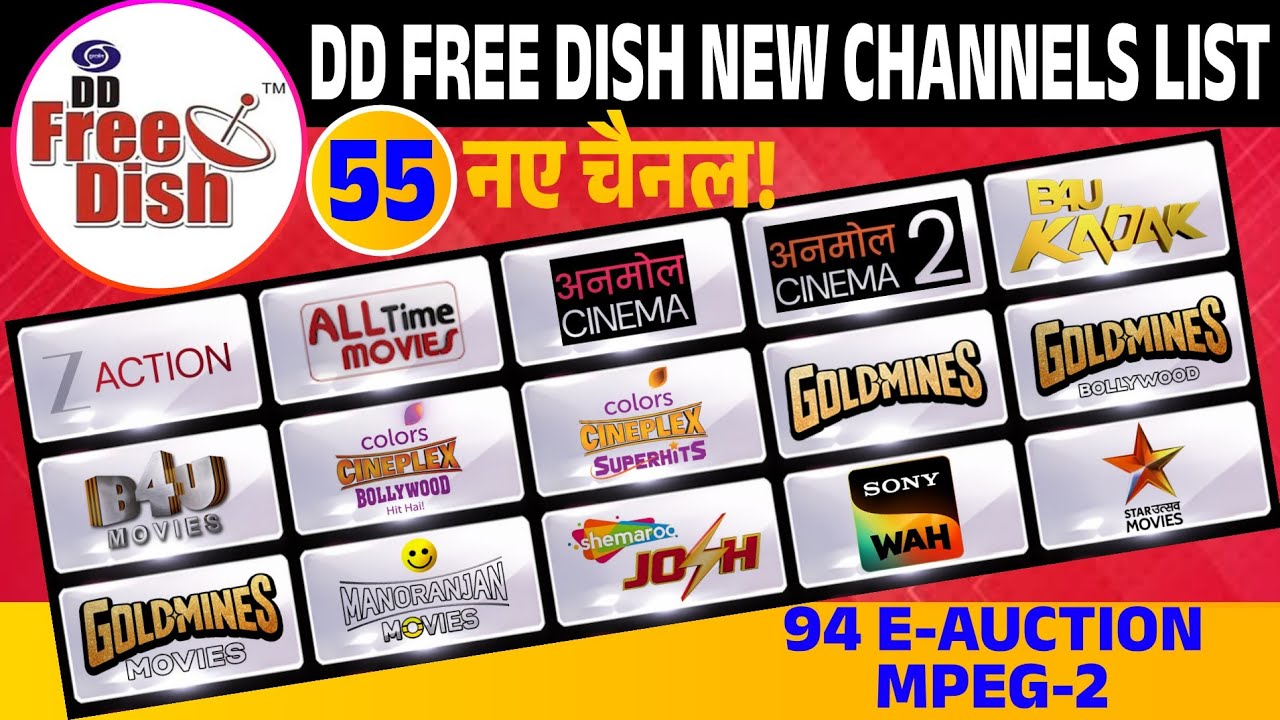 DD Free Dish New 55 Category Wise Channels List | 94 E-Auction | MPEG-2 | Free Dish Hub