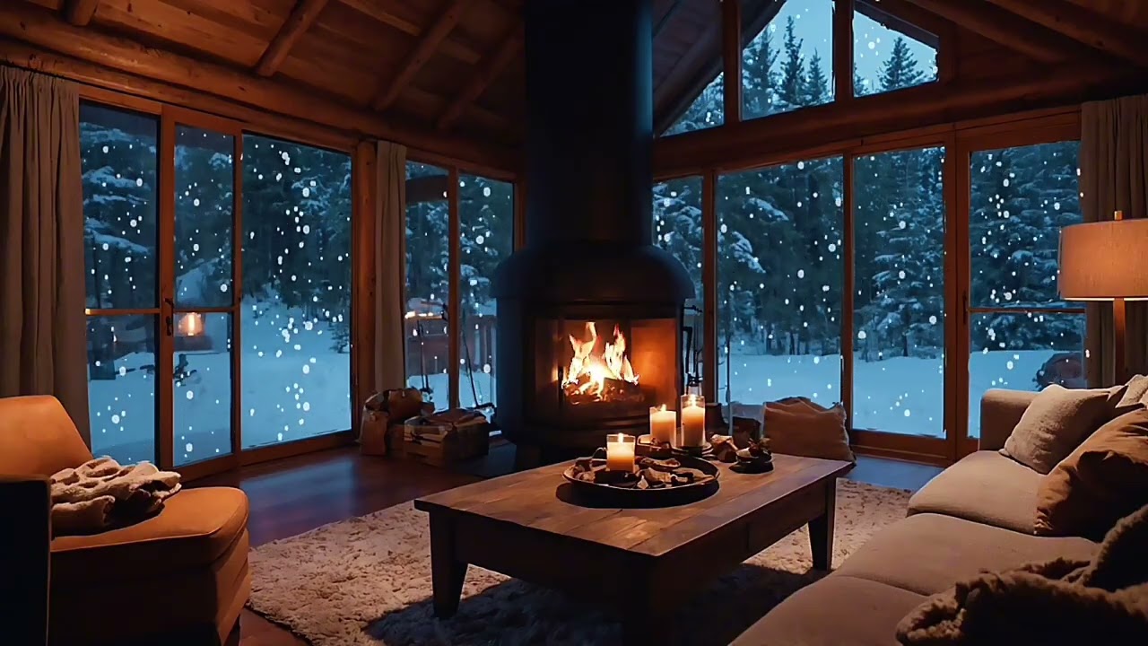 Snowy Cabin Fireplace Sounds & Gentle Piano | Cozy Winter Relaxation