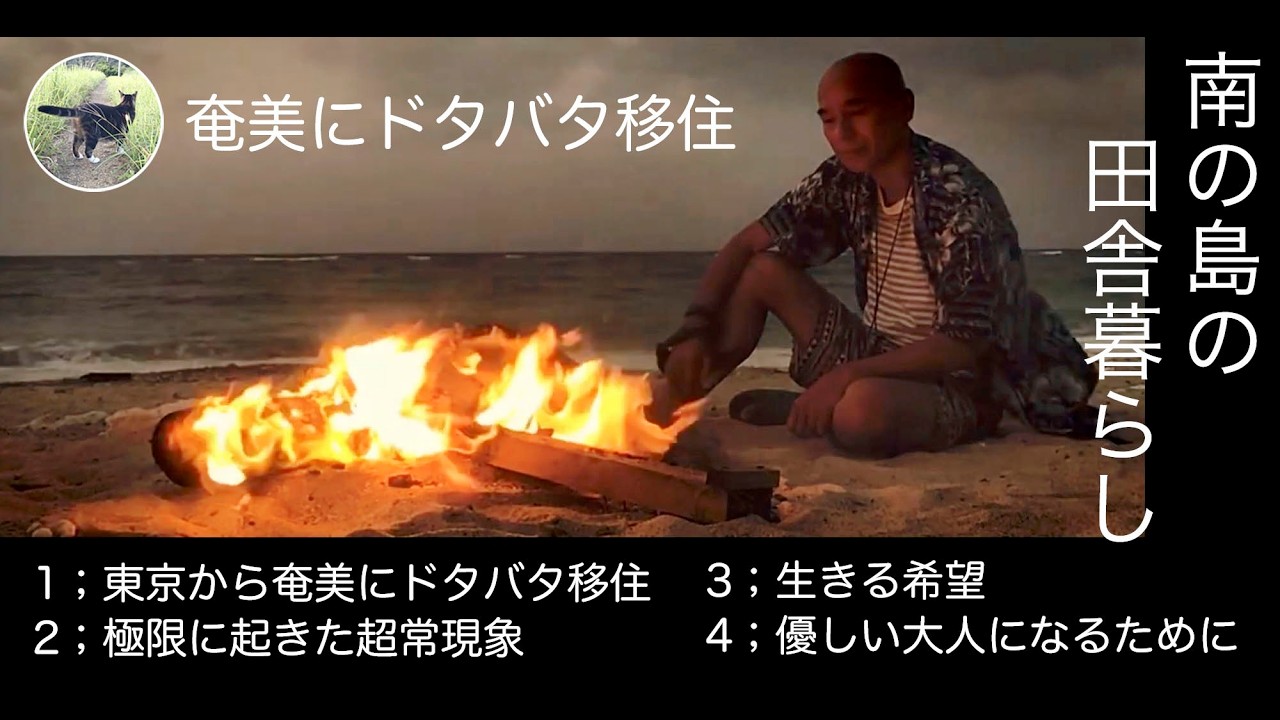 1；東京から奄美にドタバタ移住。2；極限に起きた超常現象。3；生きる希望。4；優しい大人になるために。田舎で猫と暮らす。