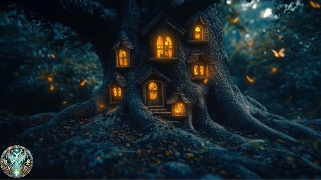 Fae Tree Village at Nightfall 🦉 Glowing Fairy Homes, Crickets & Magical Forest Ambience