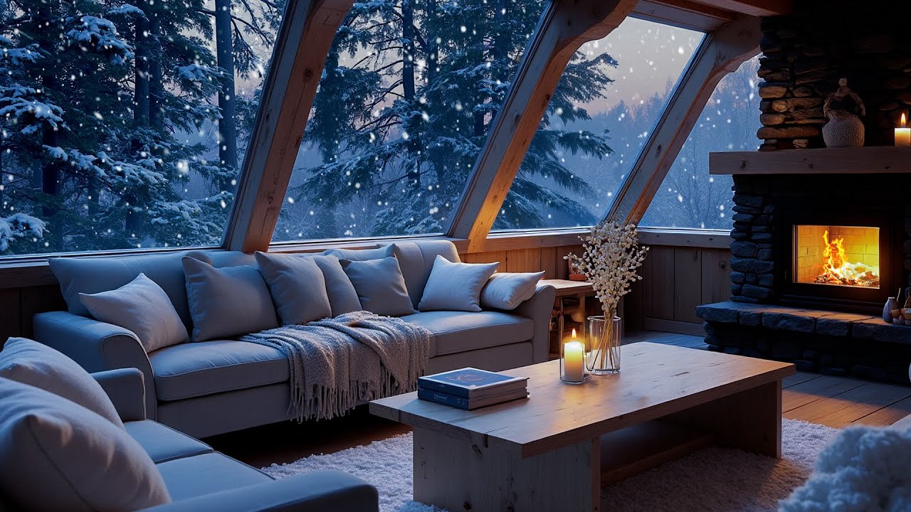 ❄️ White Room Winter Piano Night 🎹 | Snowy Window View, Fireplace Glow & Calm Evening Atmosphere