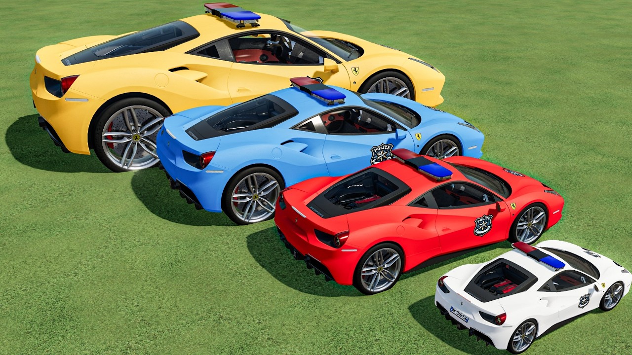 TRANSPORTING ALL MINI TO GIANT POLICE CARS FUNNY FERRARI - with TRUCKS ! FS22