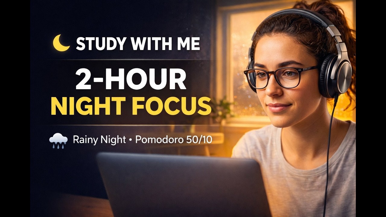 🌙 2-Hour Study With Me at Night | No Background Noise ✍️ | Rainy Night 🌧️ | Pomodoro 50/10