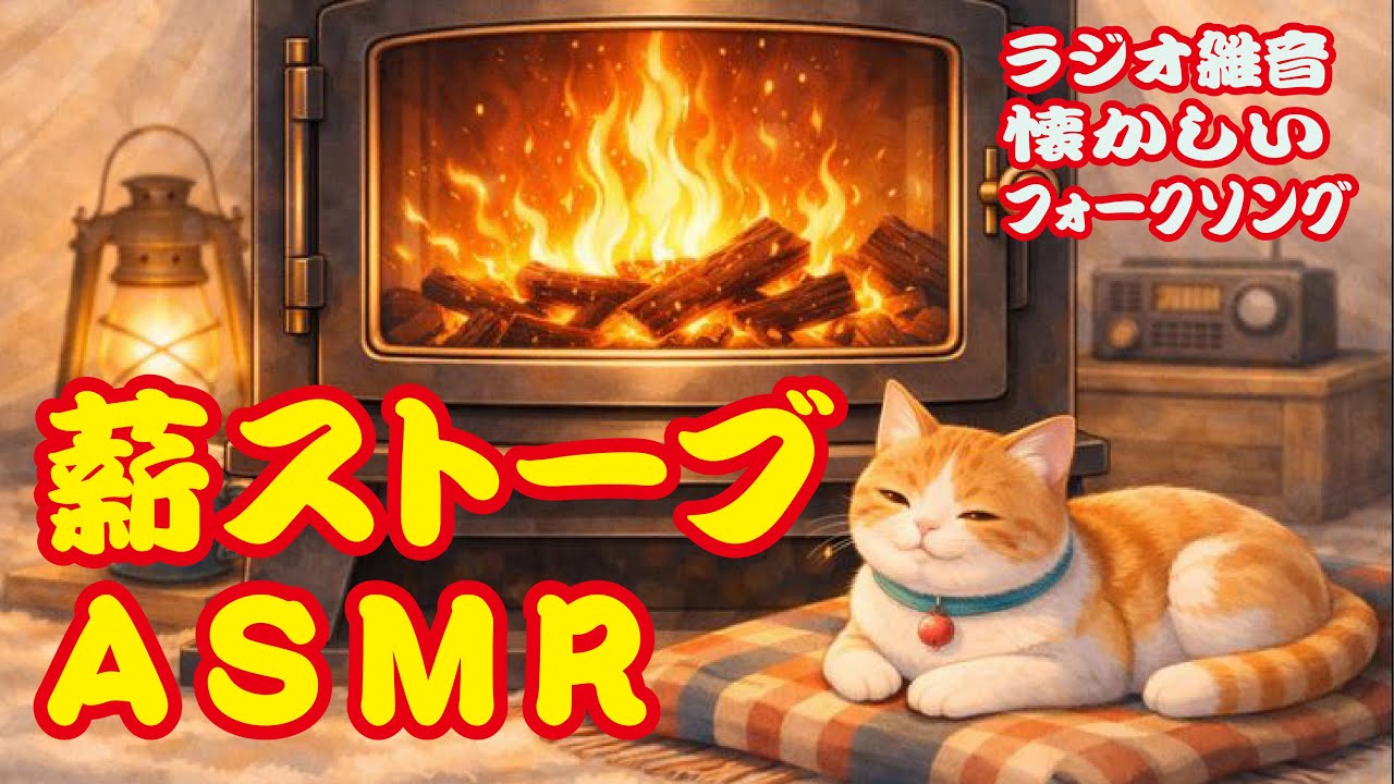 【睡眠用】薪ストーブの音だけで落ちる｜猫のいる冬テント ASMR｜懐かしいフォークソング