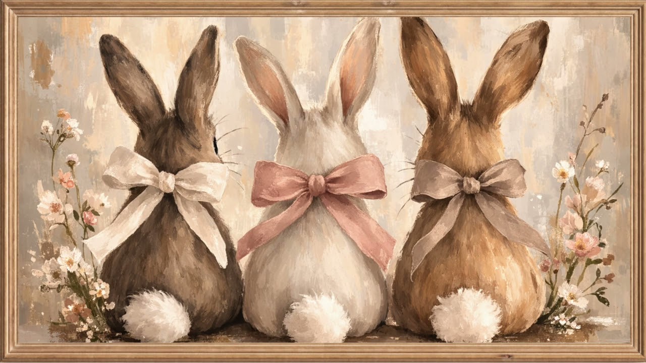 Aesthetic Easter Frame TV Art | Minimalist Bunny Trio Painting | 4 Hour Screensaver with Music