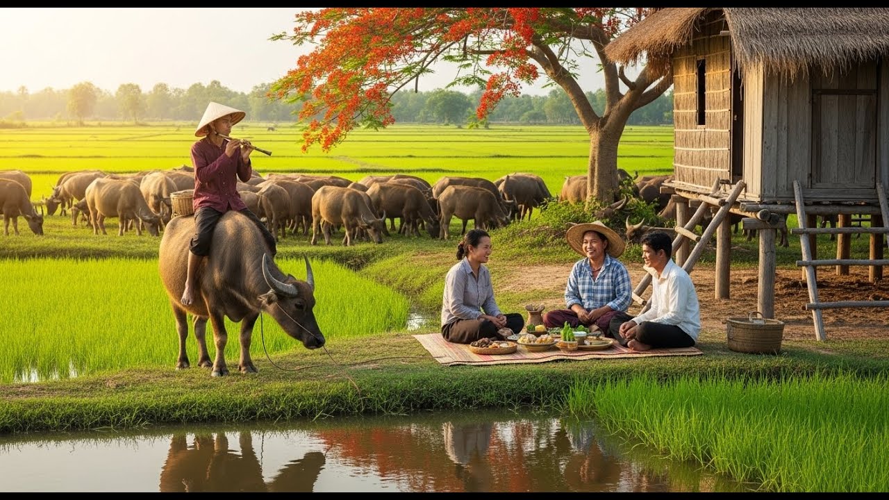 Peaceful Buffaloes Grazing | Relaxing Bell Sound in the Countryside