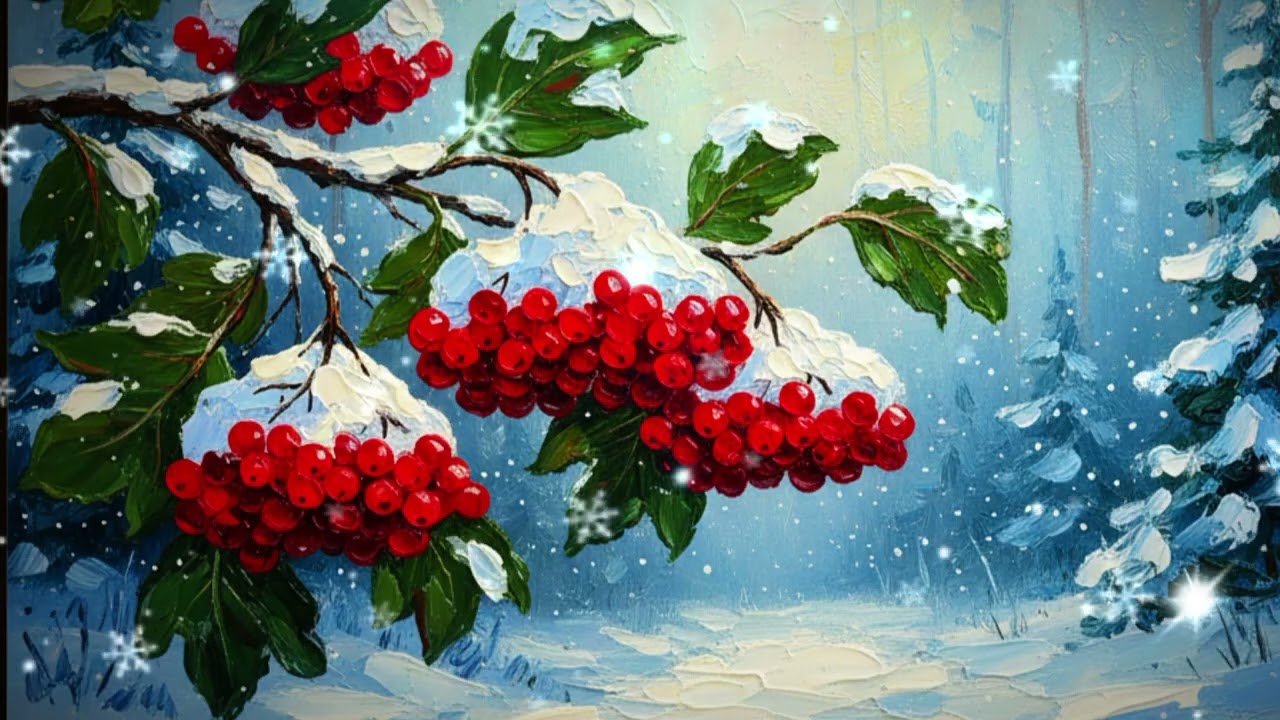 Winter Berries in Snow | Impasto Oil Painting | Relaxing Winter Forest Scene