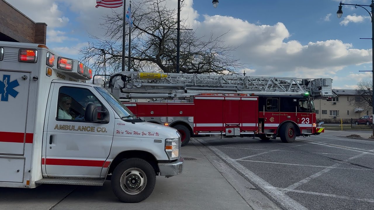 Chicago fire department Ambulance 47 (Spare) Tower Ladder 23 responding 