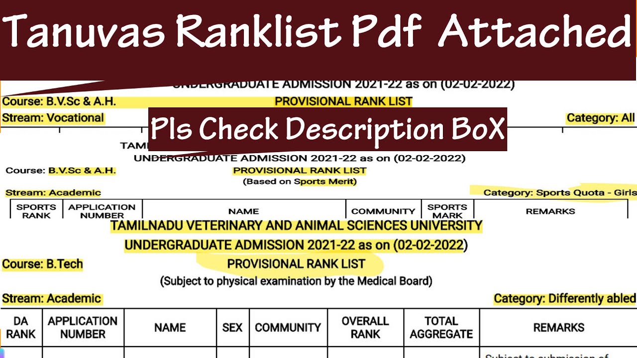 TANUVAS Ranklist Released|BVSc&AHRanklist|TanuvasBTech RanklistReleased|PDfAttachedforAllCategories