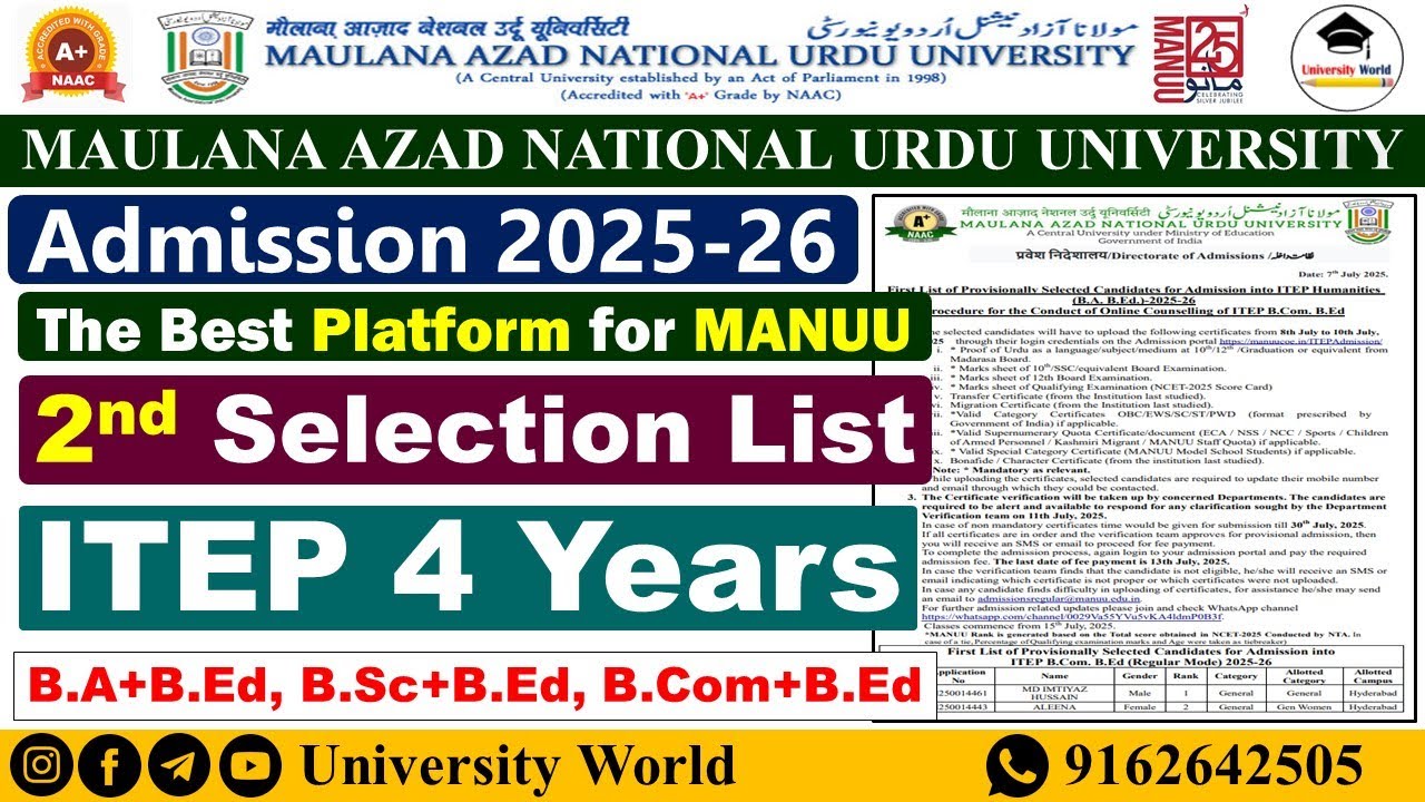 MANUU ITEP 2nd Selection List OUT 2025 | B.A+B.Ed, B.Sc+B.Ed, B.Com+B.Ed |  @UniversityWorld