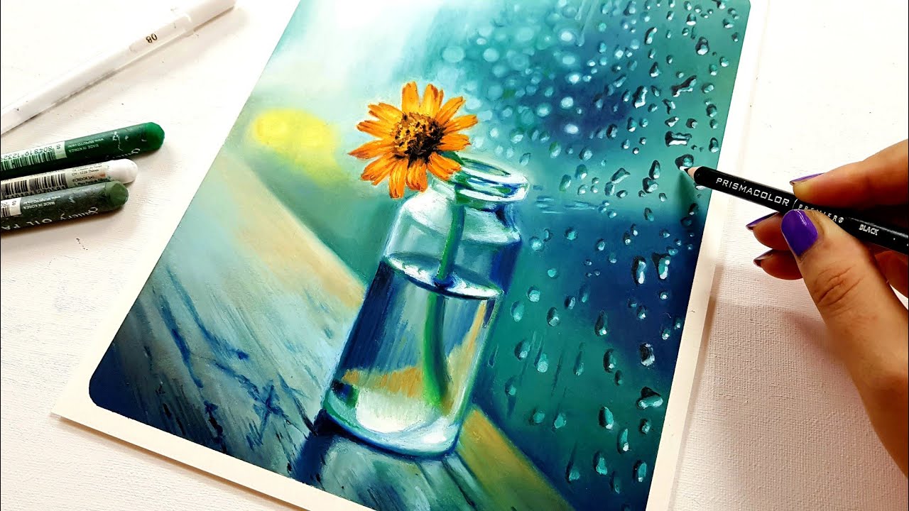 Drawing a Rainy landscape with Oil Pastel / asmr Oil Pastel Drawing Still-life