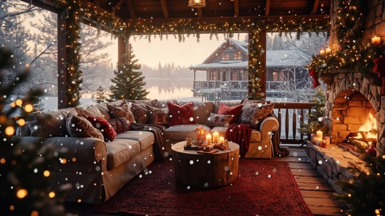 🎄Ralph Lauren Christmas Porch Ambience | Luxury Cabin Fireplace TV Art, Cozy Winter Holiday Decor 4K