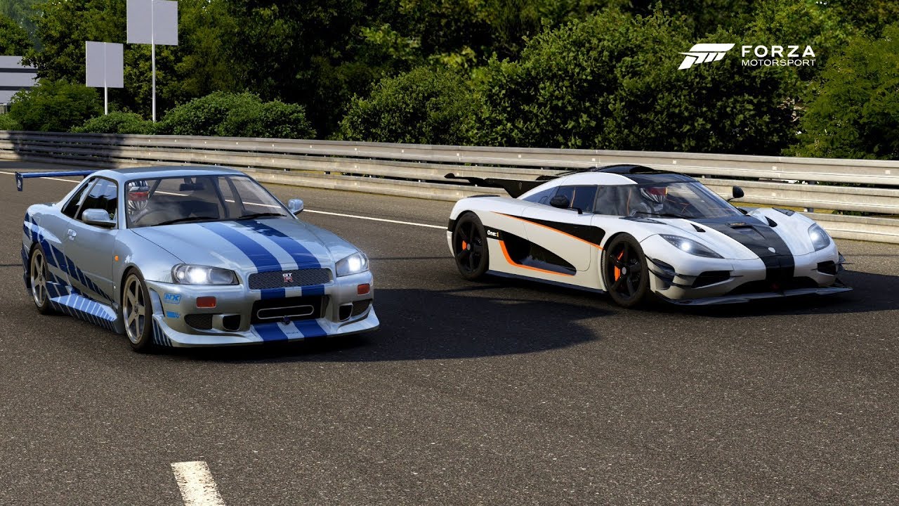 Forza 6 Drag race: Koenigsegg One:1 vs F&F Skyline GTR R34 (Tuned)