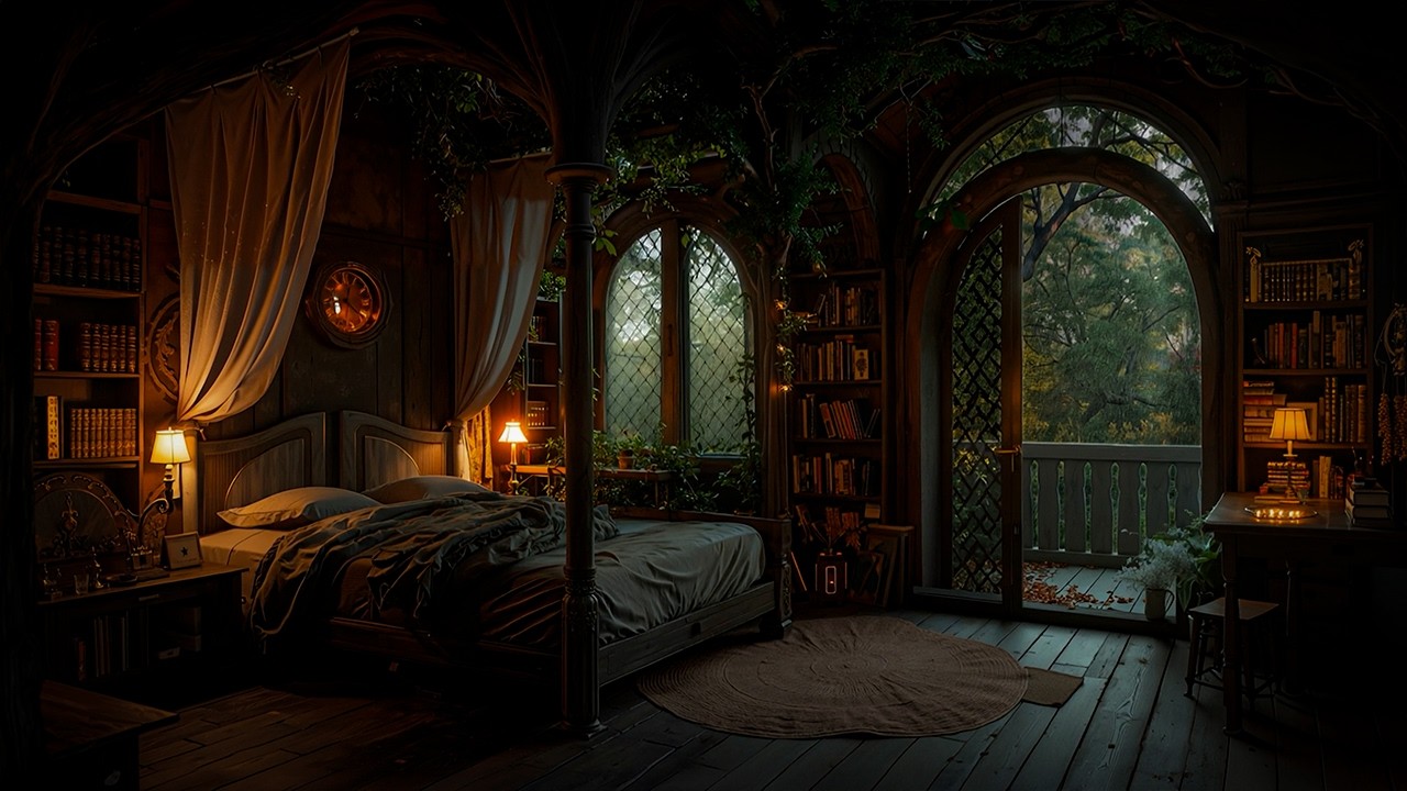 Cozy Night in a Medieval Library Bedroom | Candlelight, Books & Gentle Piano | Dark Academia Music