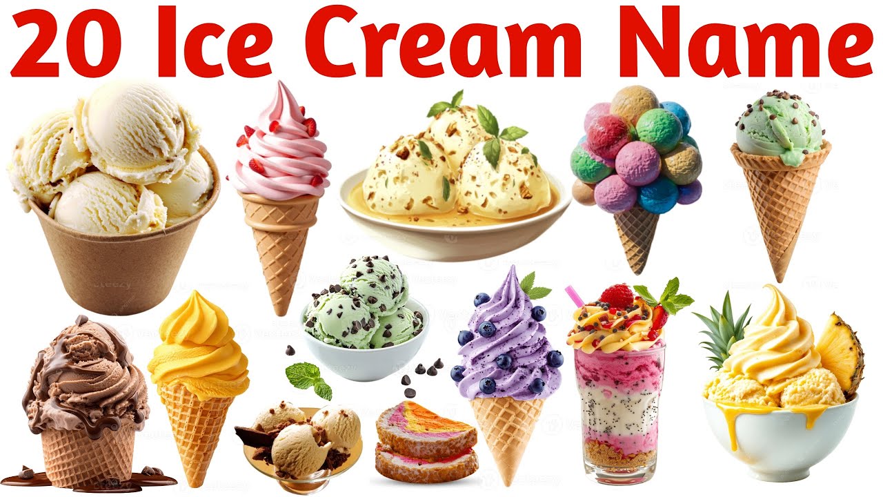 20 आइसक्रीम के नाम | Learn 20 Ice Cream Names in English with Pictures and Sounds for Kids