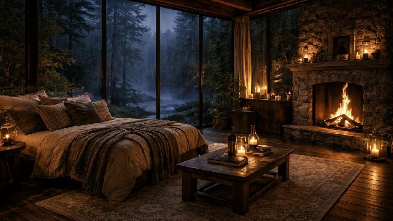 Cozy Riverside Cabin in the Rain: Soothing Rain Sounds and Fireplace for Deep Sleep