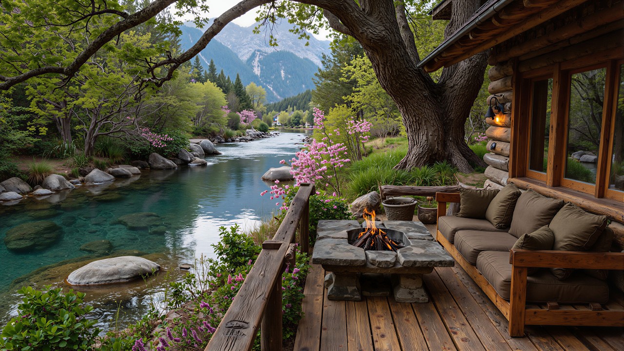 Gentle Spring Piano Music Riverside Porch 🌿🌺 Relaxing Campfire & Bird Songs for Deep Relaxation