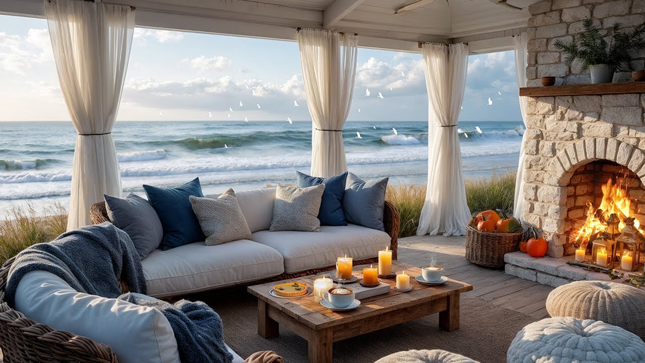 🔥🌧 Cozy Seaside Hideaway in a Storm | Ocean Waves, Fireplace Crackle & Bird Sounds