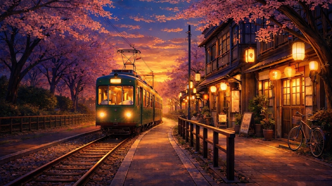 Cherry Blossom Tram Sunset 🌸 Cozy Japanese Lofi Beats for Study & Relax
