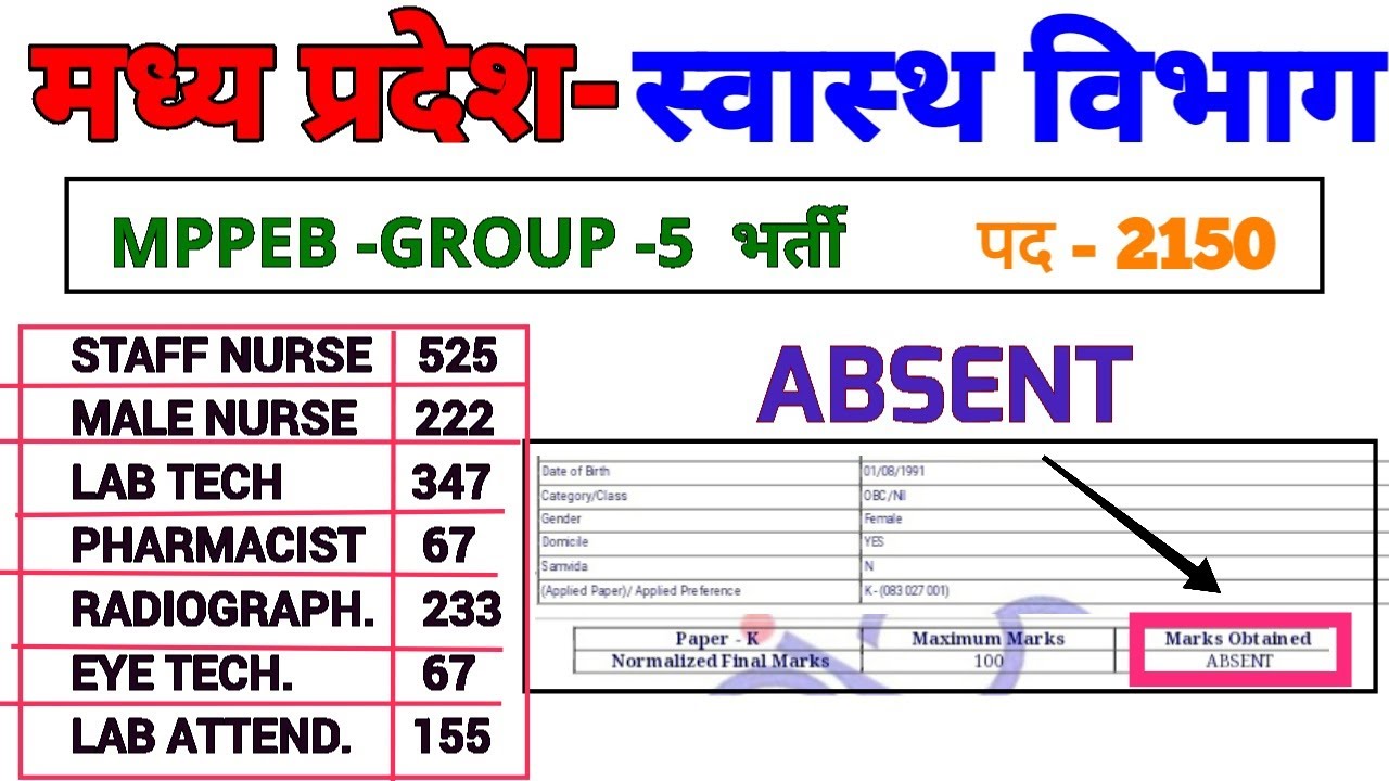 MPPEB GROUP 5 - [ ABSENT RESULT STATUS ] - STAFF NURSE , LAB TECHNICIAN , PHARMACIST - UPDATE देखो