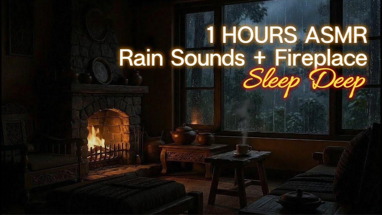 1 Hour Rain Sounds + Soft Piano + fireplace 🌧️ Deep Sleep, Relax & Calm Mind