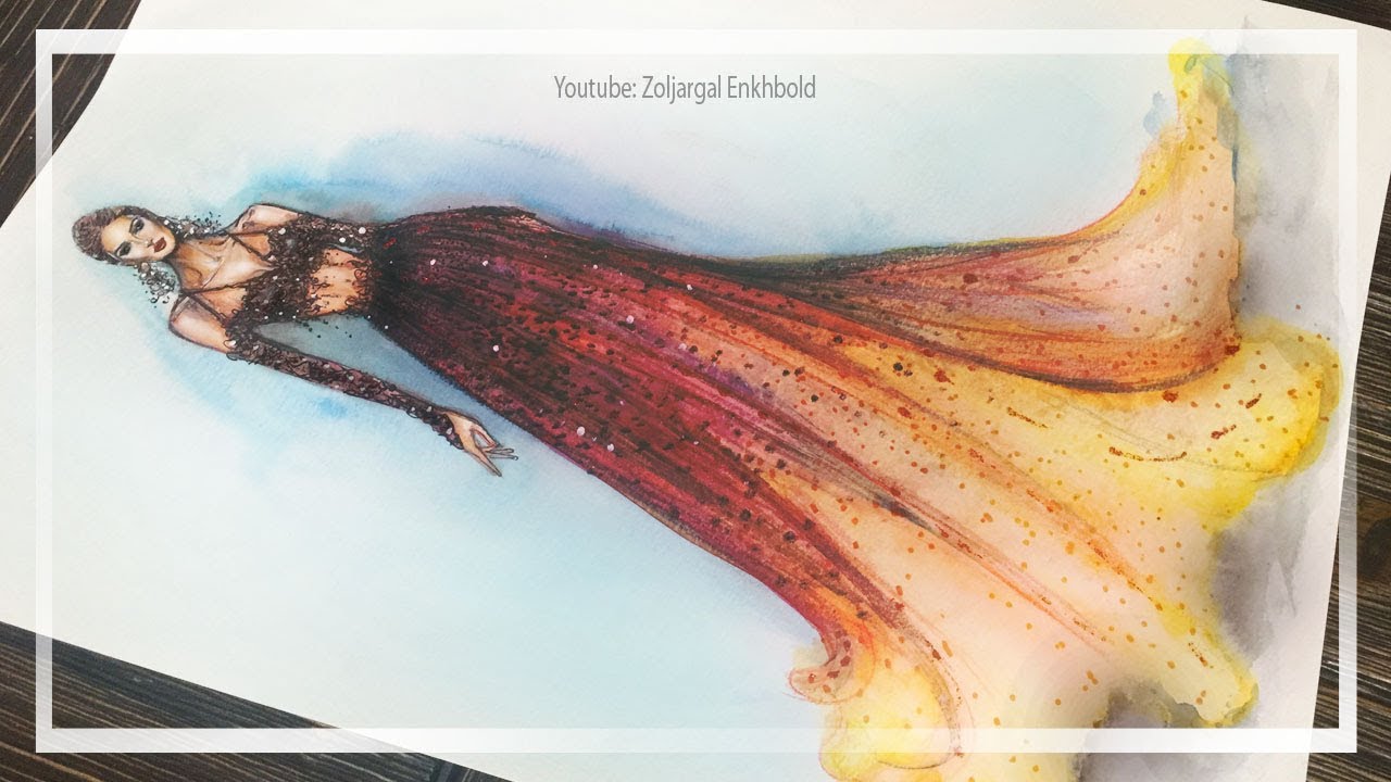 Fashion Gown Painting - Color Pencils & Watercolor mixed mediums