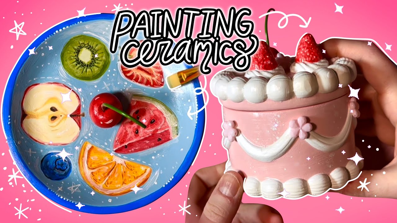 painting ceramics 🍰🍒 create fake cake trinket dishes with me 