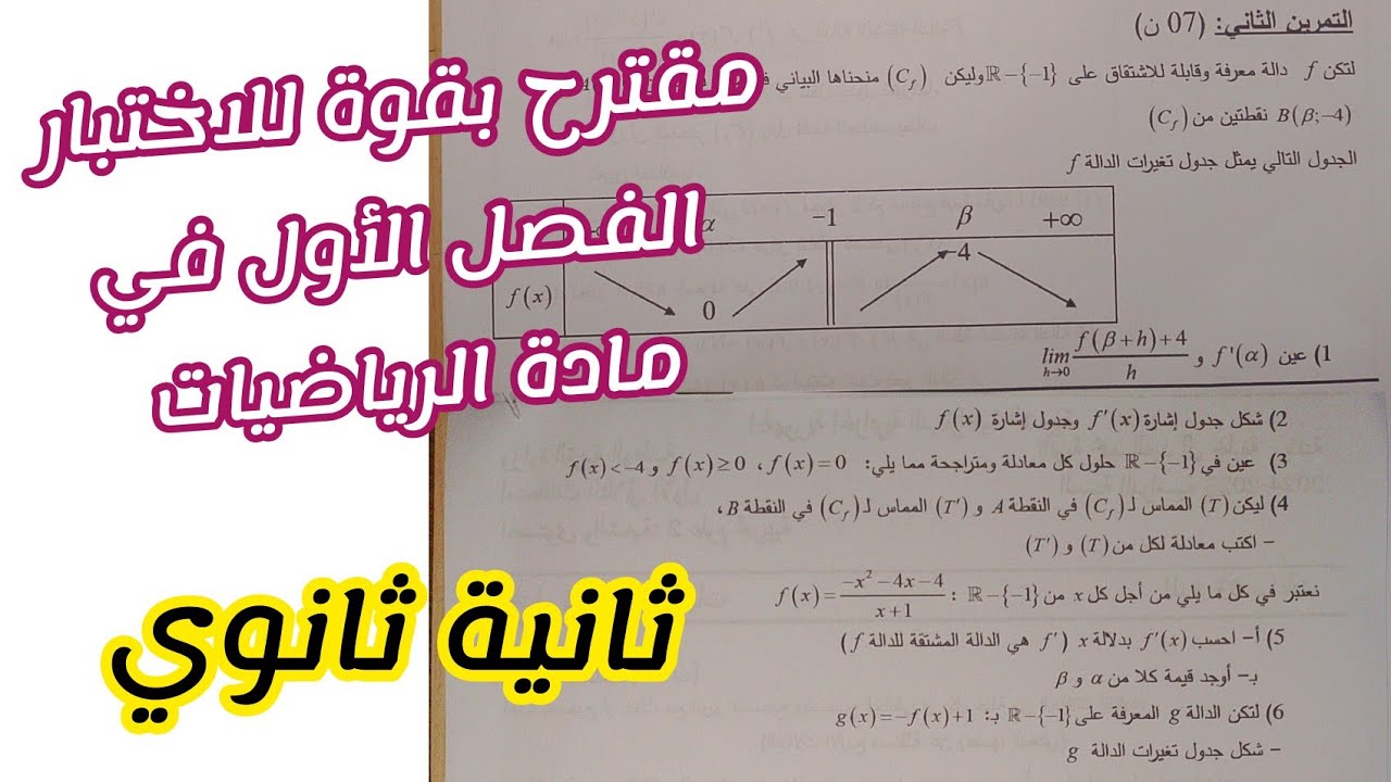 مقترح بقوة للاختبار الفصل الأول في الرياضيات للسنة الثانية ثانوي (الإشتقاقية)