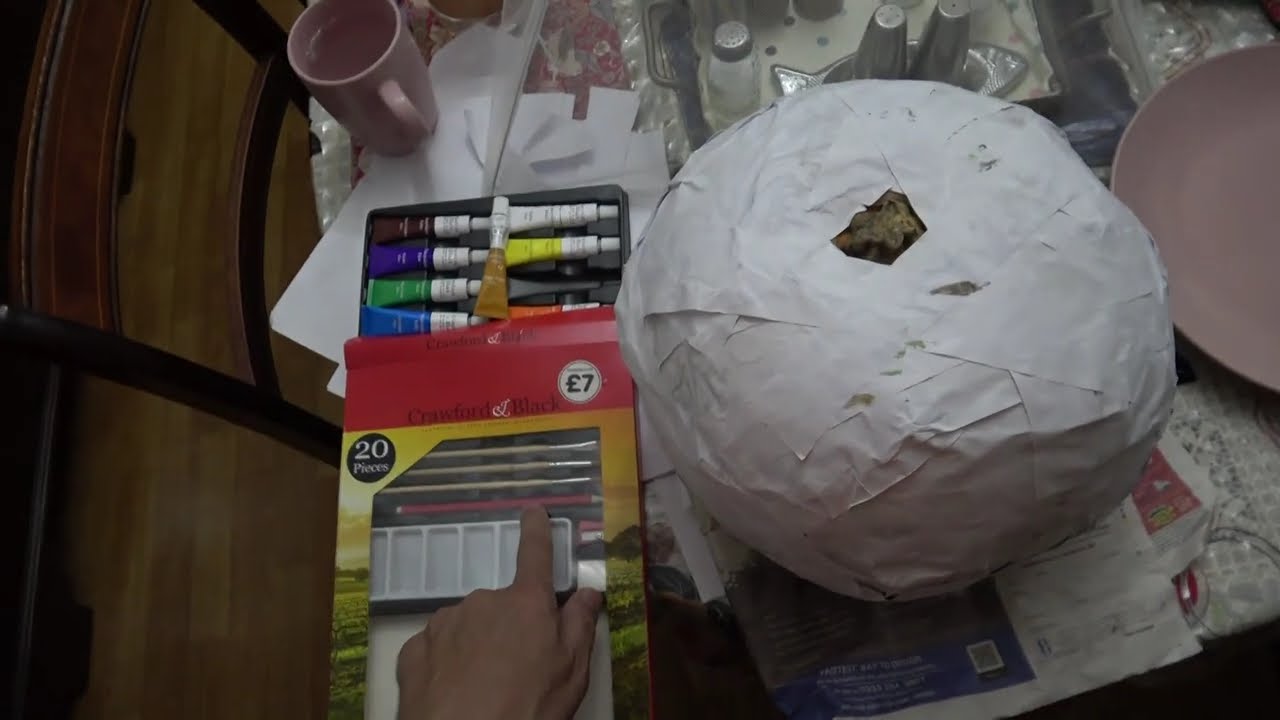 Halloween Night:  Preparing to Paint the Jack'O'Lantern Paper Mache' Caste' (Stage 5) (Water Paints)