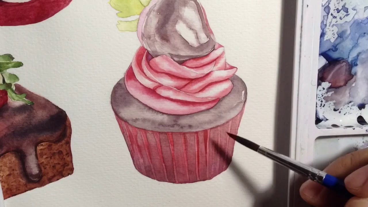Chocolate Cupcake with Strawberry Buttercream Watercolor | Jeannie D. Art