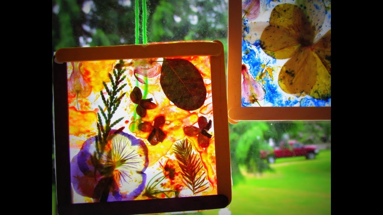 DIY Stained Glass Craft Dried Flowers Leaves Crayon Shavings DIY Suncatcher