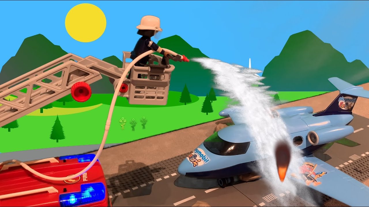 Playmobil Feuerwehr - Flugzeug brennt auf dem Flughafen - Familie möchte in den Urlaub fliegen