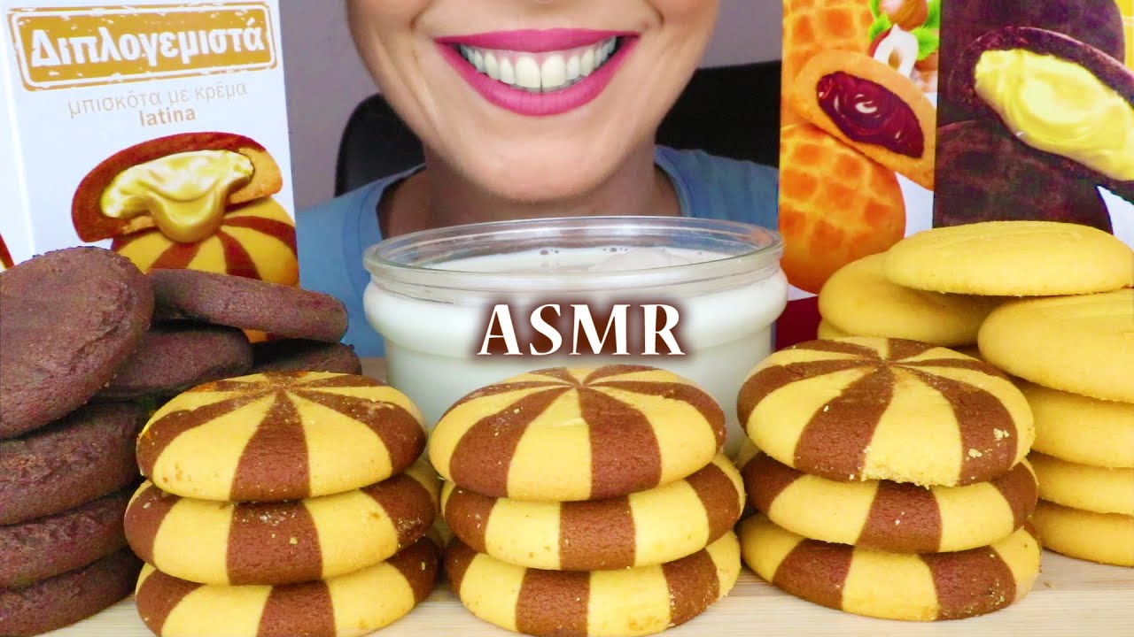 CREAM STUFFED GREEK COOKIES 🍪 DIPPED IN MILK 🥛 | ASMR Mukbang | Real Eating Sounds