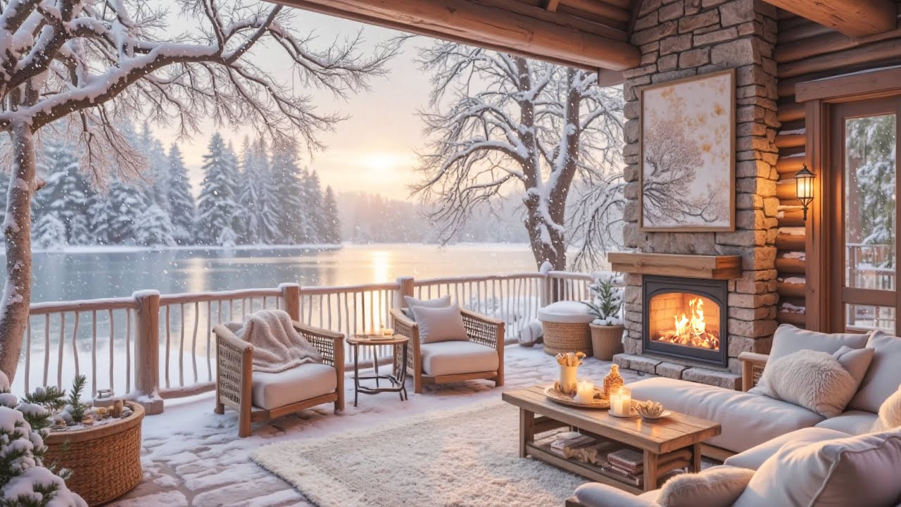 Peaceful Winter Porch  Morning by the Lake ❄️🔥 Soft Piano Music & Cozy Fireplace Ambience for Sleep