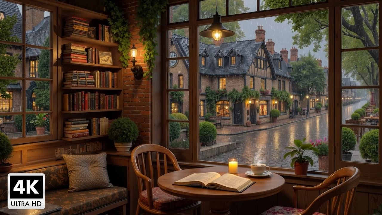 Cozy Coffee Shop on a Rainy Day ~ Jazz Piano Music And Gentle Rain Sounds To Relieve Stress