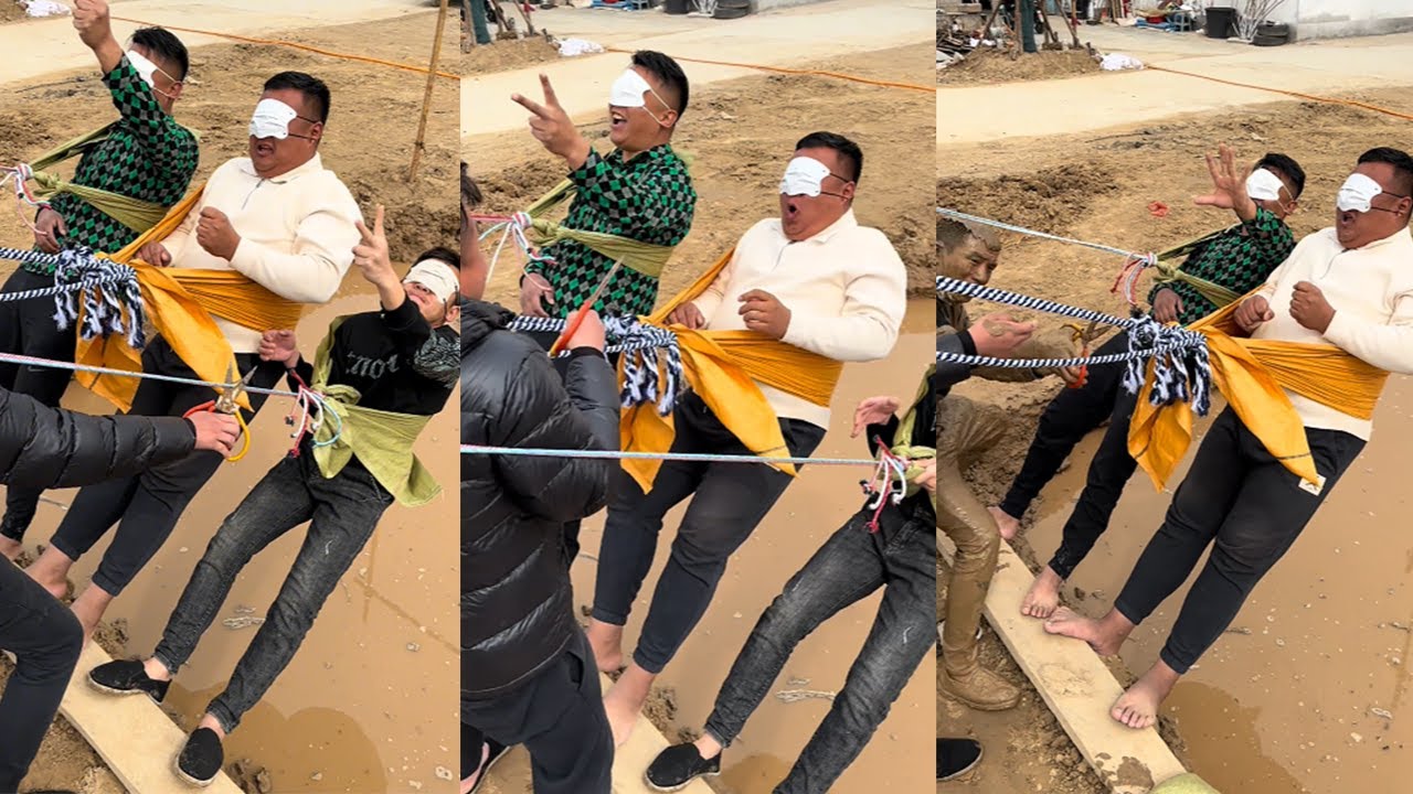 Blindfolded challenge, rural mud pit rope challenge#funny#hilarious
