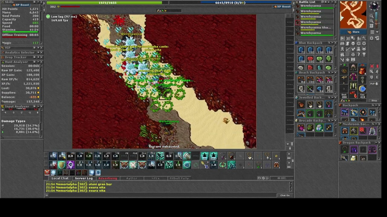 hunt mage mago nivel  250+ exp/hr 3kk loot 400/hr ~vuelta sur WEREHYENAS pt.1