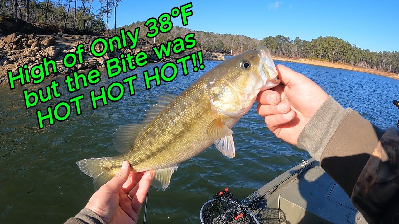Cold Front Bass Fishing at 38ºF - Spotted Bass HAMMER a Jigging Spoon!!