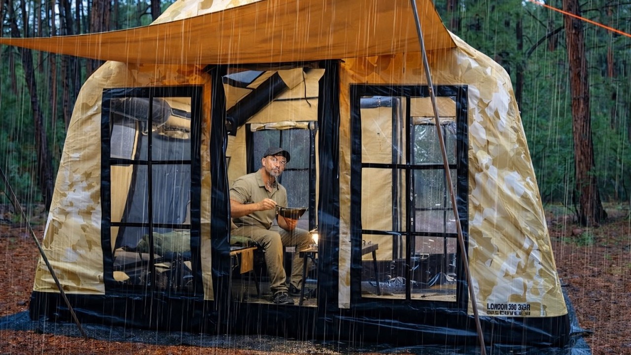 Camping in Heavy Rain with My Dog . Inflatable Tent . Sound of Rain ASMR