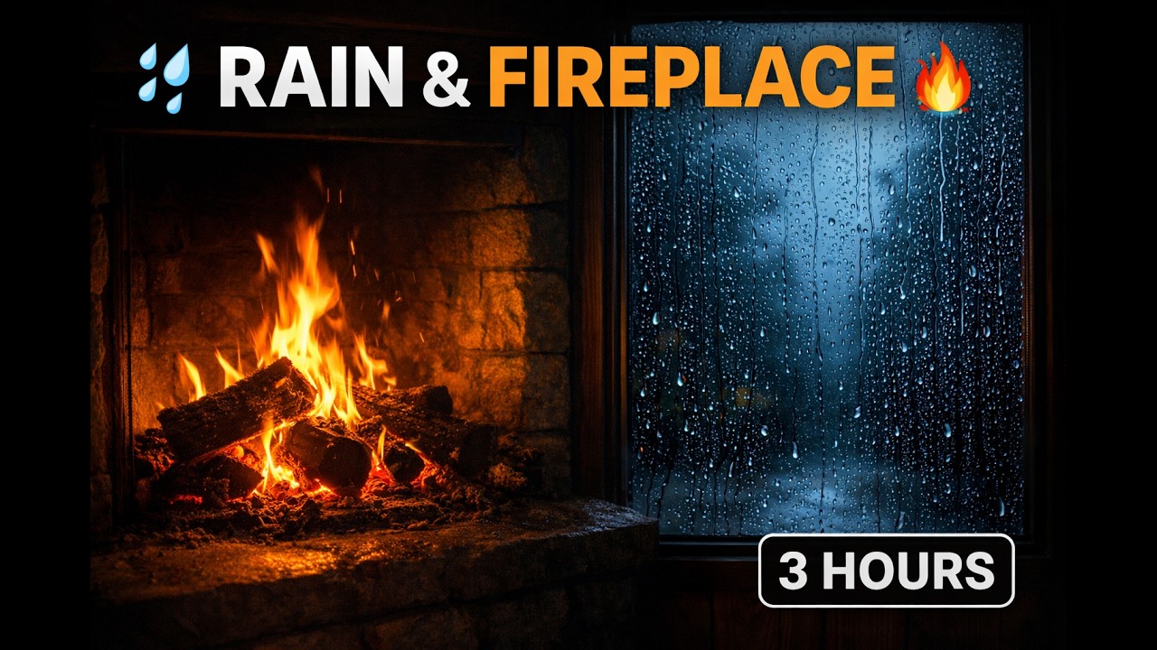 Rain on Window & Cozy Fireplace Sounds — Relaxing Cabin Ambience for Deep Sleep 3 5 Hours