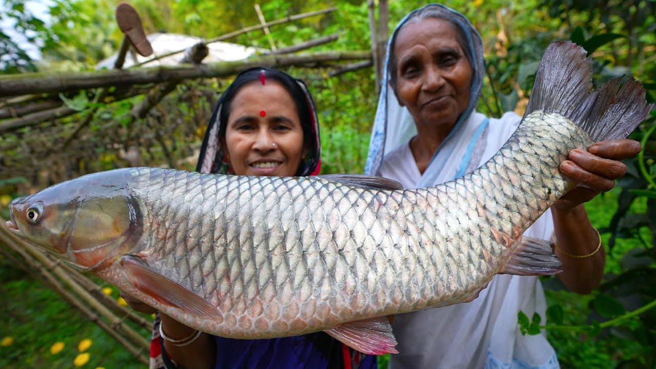 পুকুর থেকে 4.6kg ওজনের মাছ ধরে রান্না | 4.6kg fish catch and cook in village style | villfood