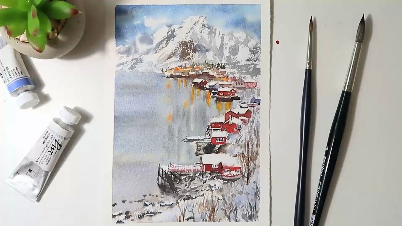 Watercolor Painting | Snow Mountain Village(Norway Landscape) #watercolor #watercolorpainting