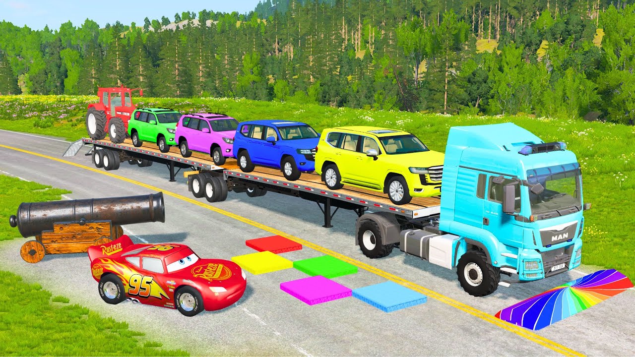 Flatbed Truck McQueen | Transportation with Truck - Pothole vs Car #70 | BeamNG.Drive Gameplay