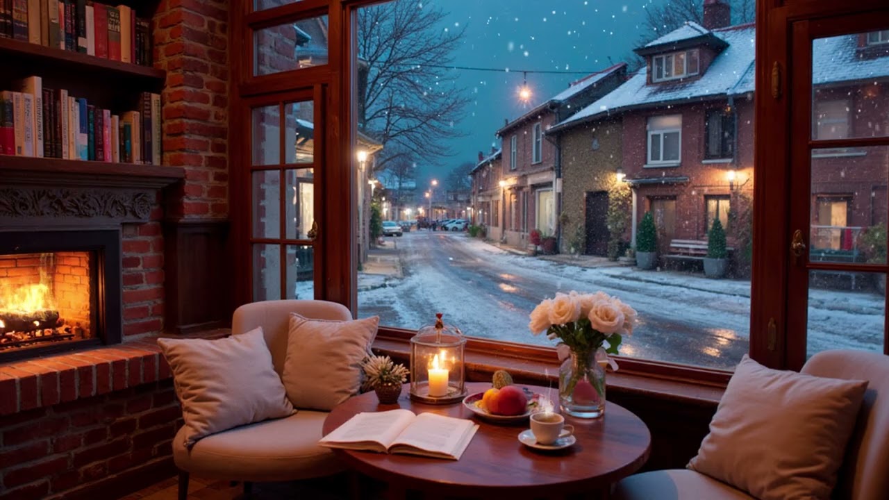Snowy Night Street Jazz | Warm Piano & Soft Sax by the Fireplace for Deep Relaxing Evenings