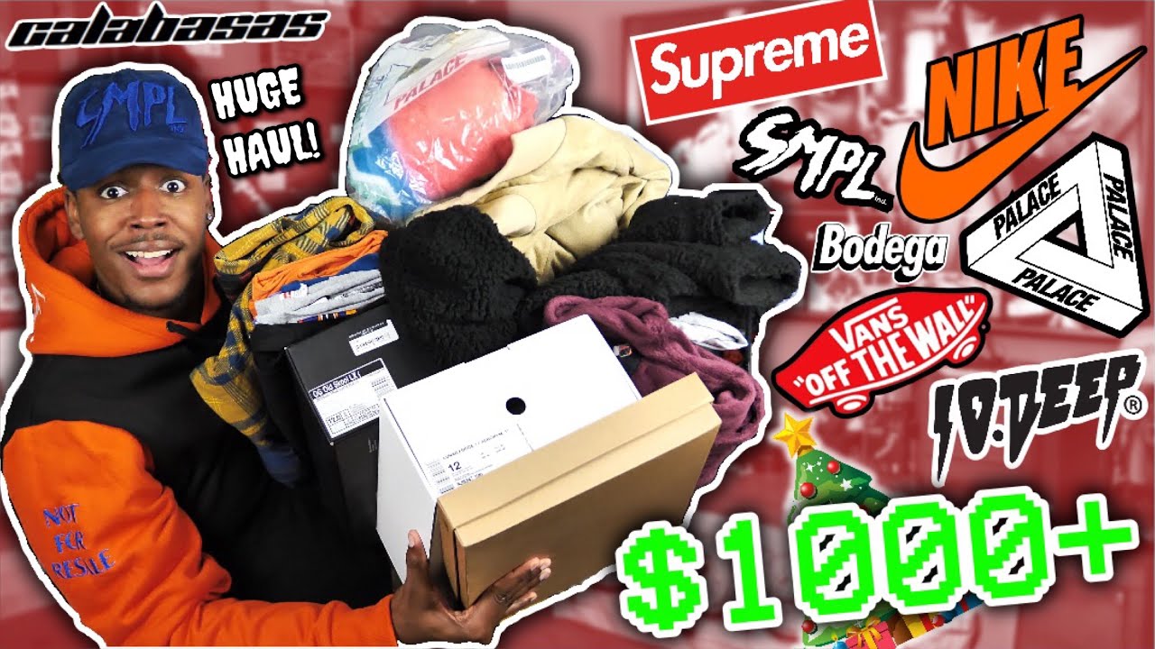 HUGE HYPEBEAST XMAS CLOTHING & SNEAKER HAUL! $1000+ IN SUPREME, NIKE, PALACE, YEEZY CALABASAS & MORE